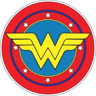 Biểu tượng Wonder Woman với chữ W vàng trên nền xanh, bao quanh bởi vòng tròn đỏ và các ngôi sao trắng.