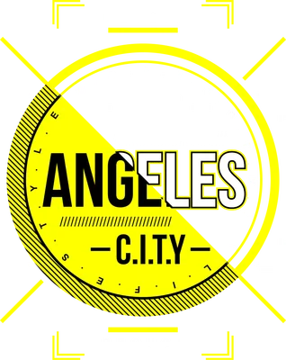 Hình in chuyển nhiệt graphic chữ "Los Angeles City" với viền tròn vàng neon và các yếu tố thiết kế hiện đại trên nền xám.
