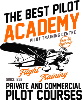 Hình ảnh thiết kế vintage với máy bay cánh quạt cổ điển, chữ 'The Best Pilot Academy' và 'Flight Training' màu cam và đen trên nền xám.