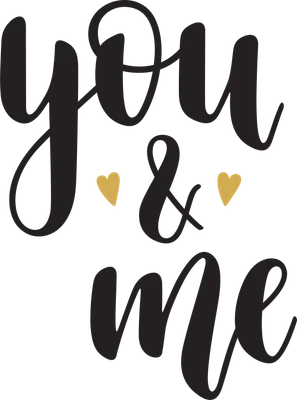 Thiết kế chữ "You & Me" viết tay màu đen với hai trái tim nhỏ màu vàng ở giữa, trên nền xám.