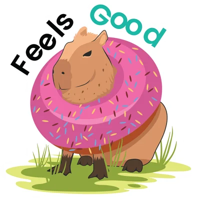 Hình minh họa capybara đội bánh donut hồng có rắc cốm, đứng trên bãi cỏ xanh với chữ 'Feels Good' màu trắng và xanh.