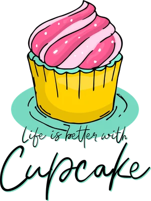Hình minh họa một chiếc cupcake với kem hồng và trắng, trên đĩa màu xanh ngọc, kèm dòng chữ "Life is better with Cupcake".