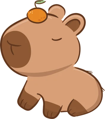 Hình vẽ capybara hoạt hình màu nâu đang ngồi, mắt nhắm, đội một quả quýt nhỏ màu cam trên đầu.