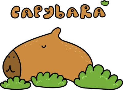 Hình vẽ hoạt hình Capybara màu nâu nằm giữa bụi cây xanh, phía trên có chữ 'CAPYBARA' với viền đen và chấm cam.