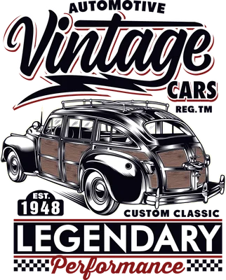 Hình ảnh minh họa xe hơi cổ điển phong cách retro với dòng chữ "Automotive Vintage Cars" và "Legendary Performance"