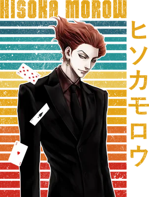 Hình ảnh Hisoka Morow trong bộ vest đen, tóc đỏ, với các quân bài đang bay xung quanh.