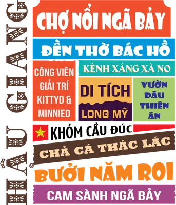 Hình ảnh tổng hợp các địa danh, đặc sản nổi tiếng của tỉnh Hậu Giang như Chợ Nổi Ngã Bảy, Bưởi Năm Roi, Di tích Long Mỹ.