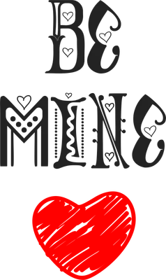 Chữ 'Be Mine' cách điệu với trái tim đỏ vẽ tay bên dưới