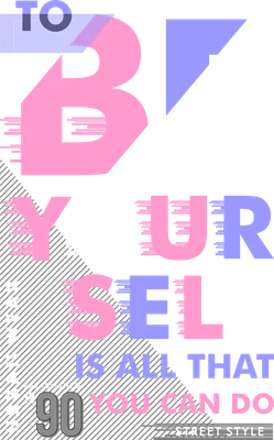 Thiết kế typography hiện đại với dòng chữ 'TO BE YOUR SELF' màu hồng, tím, trắng trên nền xám, hiệu ứng glitch.