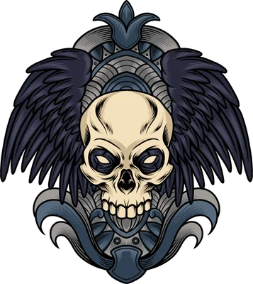 Hình minh họa đầu lâu với đôi cánh đen phong cách gothic nghệ thuật