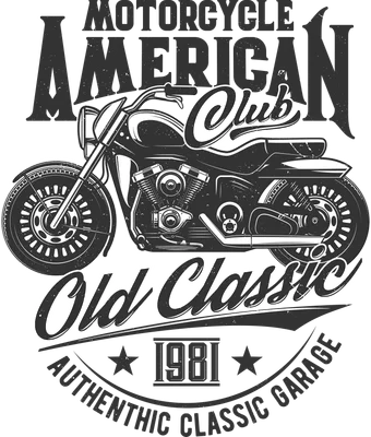 Hình minh họa xe mô tô Mỹ cổ điển với chữ 'MOTORCYCLE AMERICAN Club Old Classic 1981 AUTHENTIC CLASSIC GARAGE' phong cách vintage.
