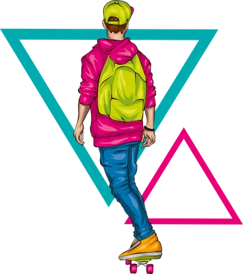 Hình vẽ chàng trai mặc áo hoodie hồng, quần jean xanh, đội mũ lưỡi trai neon, đeo balo xanh neon, đang trượt ván.