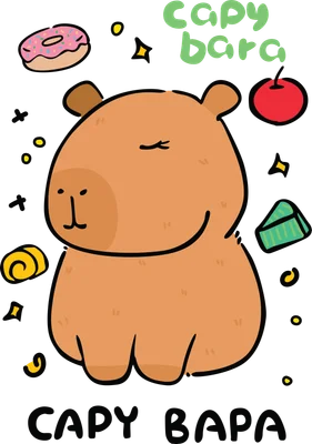 Hình vẽ hoạt hình capybara màu nâu đáng yêu, xung quanh có bánh donut, táo, khối sọc xanh và chữ 'capy bara', 'CAPY BAPA' trên nền xám.