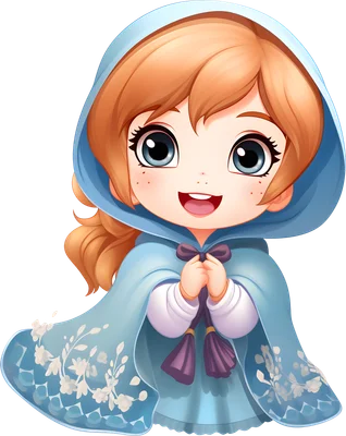 Hình ảnh cô bé hoạt hình chibi tóc cam, mắt xanh, mặc áo choàng xanh dương có mũ, trang trí hoa trắng, đang cười tươi.