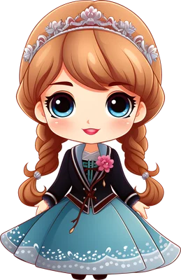 Hình minh họa chibi công chúa tóc nâu, mắt xanh to tròn, đội vương miện bạc, mặc váy xanh và áo khoác đen.