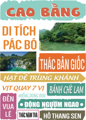 Hình ảnh collage về Cao Bằng, Việt Nam, với các địa danh nổi tiếng như Thác Bản Giốc, Di tích Pác Bó và các đặc sản địa phương.