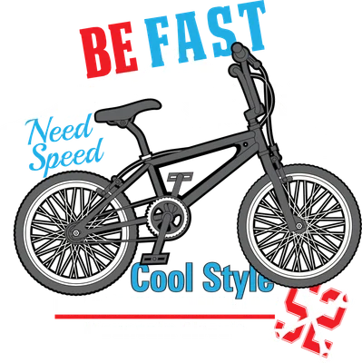 Hình ảnh xe đạp BMX màu xám với dòng chữ 'BE FAST', 'Need Speed', 'Cool Style', 'BIKE PERFORMANCE SINCE 1927', 'Mountain Circuit' và biểu tượng cờ lê.