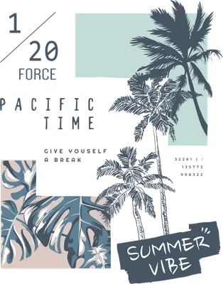 Hình ảnh thiết kế collage phong cách nhiệt đới với cây cọ, lá monstera, và các dòng chữ 'PACIFIC TIME', 'SUMMER VIBE'.