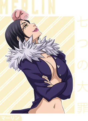 Hình ảnh Merlin từ anime The Seven Deadly Sins đội chú heo trên đầu, với trang phục gợi cảm và biểu cảm quyến rũ.