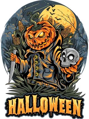 Hình minh họa bí ngô Halloween với khuôn mặt đáng sợ, cầm dao và đầu lâu, có trăng tròn và dơi phía sau.
