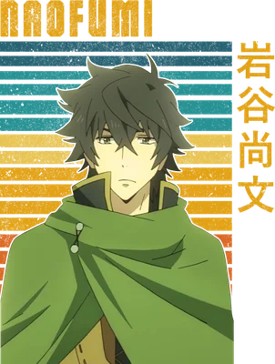 Hình ảnh Naofumi Iwatani từ anime The Rising of the Shield Hero, mặc áo choàng xanh lá cây, với nền sọc retro màu vàng và xanh dương.