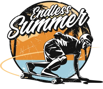 Hình ảnh minh họa người trượt ván trên ván trượt, với chữ 'Endless Summer' và cảnh biển nhiệt đới phía sau, phong cách retro.