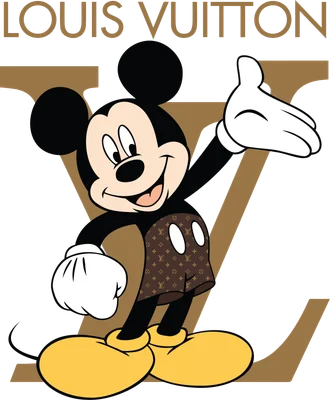 Hình ảnh Mickey Mouse mặc quần short họa tiết Louis Vuitton, đứng trên nền xám có logo LV lớn.