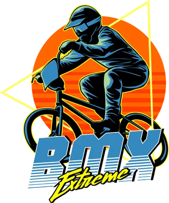 Vận động viên xe đạp BMX phong cách retro với mặt trời cam và chữ BMX Extreme