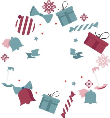 Hình ảnh trang trí Giáng Sinh với chữ 'Merry Christmas', quà, chuông, nến và bông tuyết.