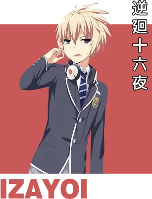 Hình ảnh chàng trai anime tóc vàng, đeo tai nghe, mặc đồng phục học sinh, biểu cảm hơi khó chịu.