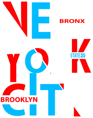 Thiết kế chữ NEW YORK CITY với các từ BRONX, BROOKLYN, STATE 35 màu đỏ, xanh dương, trắng trên nền xám.