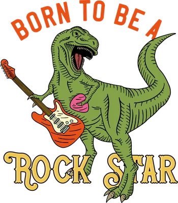 Hình vẽ khủng long T-Rex màu xanh đang chơi đàn guitar điện với dòng chữ Born to be a Rock Star