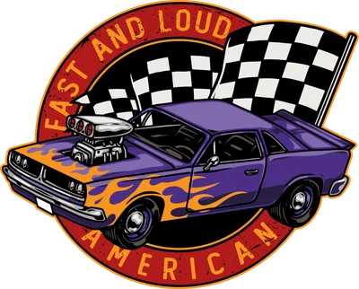 Hình minh họa xe cơ bắp Mỹ màu tím với họa tiết lửa, cờ đua và chữ 'FAST AND LOUD AMERICAN' trên nền xám.