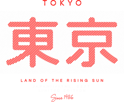 Hình ảnh chữ Kanji màu đỏ 'Tokyo' và 'Land of the Rising Sun' trên nền xám kẻ sọc.