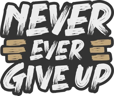 Hình ảnh chữ 'NEVER EVER GIVE UP' màu trắng với viền đen, phong cách cọ vẽ, trên nền xám đậm, có các thanh ngang màu nâu.