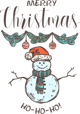 Hình vẽ người tuyết đội mũ đỏ, quàng khăn, với dòng chữ Merry Christmas và Ho-ho-ho.