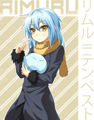 Nhân vật anime Rimuru Tempest với tóc xanh, mắt vàng, mặc áo choàng đen, quàng khăn vàng, cầm một slime xanh nhỏ.