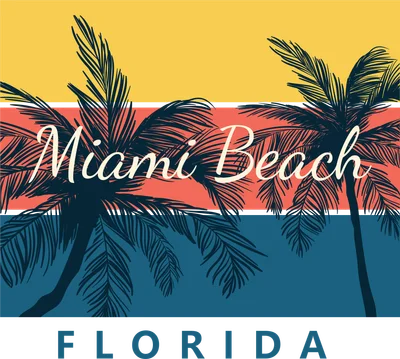 Hình ảnh phong cách retro với cây dừa và dòng chữ Miami Beach, Florida trên nền màu vàng, cam và xanh dương.