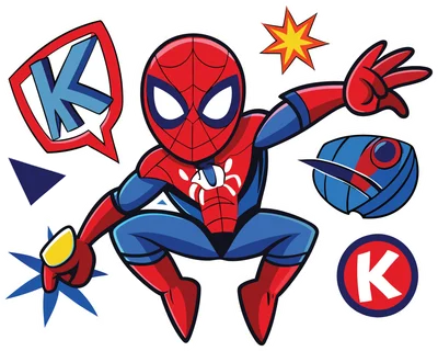 Hình ảnh chibi Spider-Man đang hành động, với các biểu tượng vui nhộn và chữ K.