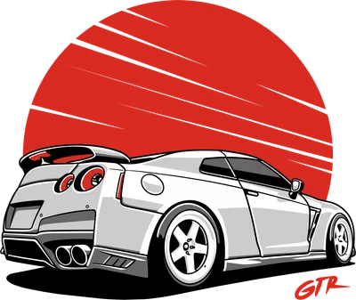 Hình minh họa xe Nissan GT-R màu trắng với đèn hậu tròn, cánh gió lớn, trên nền mặt trời mọc đỏ.