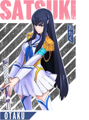 Hình ảnh anime Satsuki Kiryuin trong trang phục học sinh với kiếm, chữ Satsuki và Kiryuin