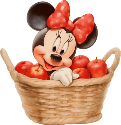 Minnie Mouse hoạt hình đáng yêu đội nơ đỏ chấm bi, mỉm cười từ giỏ đầy táo đỏ tươi trên nền xám.