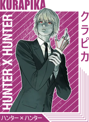 Hình vẽ nhân vật Kurapika từ anime Hunter x Hunter mặc vest đen, tóc bạch kim, mắt đỏ.