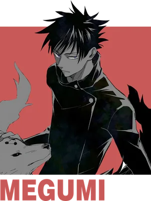 Hình ảnh anime Megumi Fushiguro với mái tóc đen và đôi mắt tím, bên cạnh là chó Shikigami màu xám.