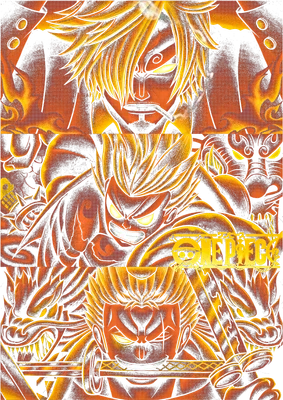 Ba nhân vật One Piece với ánh mắt rực lửa, phong cách hỏa ngục, có logo One Piece.