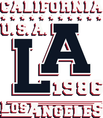 Thiết kế logo LA California USA 1986 với chữ lớn màu xanh navy viền đỏ trắng, phong cách thể thao cổ điển.