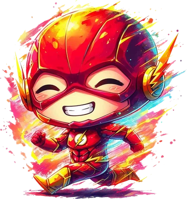 Hình ảnh chibi Flash đang chạy với tốc độ cao, hiệu ứng màu nước rực rỡ, biểu cảm vui vẻ, năng động.