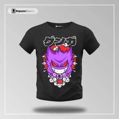 Hình in chuyển nhiệt Gengar Pokemon hệ ma với phong cách Nhật Bản trên áo thun đen