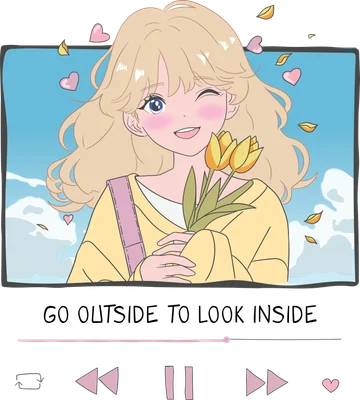Hình ảnh cô gái anime tóc vàng, má hồng, đang cười tươi và cầm bó hoa tulip vàng, phía sau là bầu trời xanh và lá rơi.
