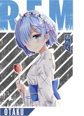 Hình ảnh Rem, nhân vật anime Re:Zero, mặc yukata trắng họa tiết hoa xanh, đội vòng hoa, cầm kẹo đỏ, tóc xanh, mắt xanh.